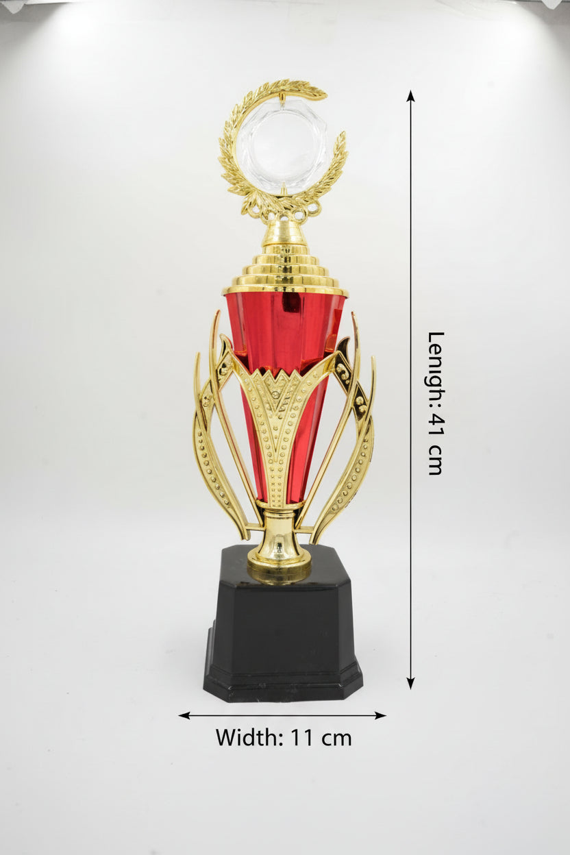 Classic achievement trophy with gold cup, red column accent, and black base