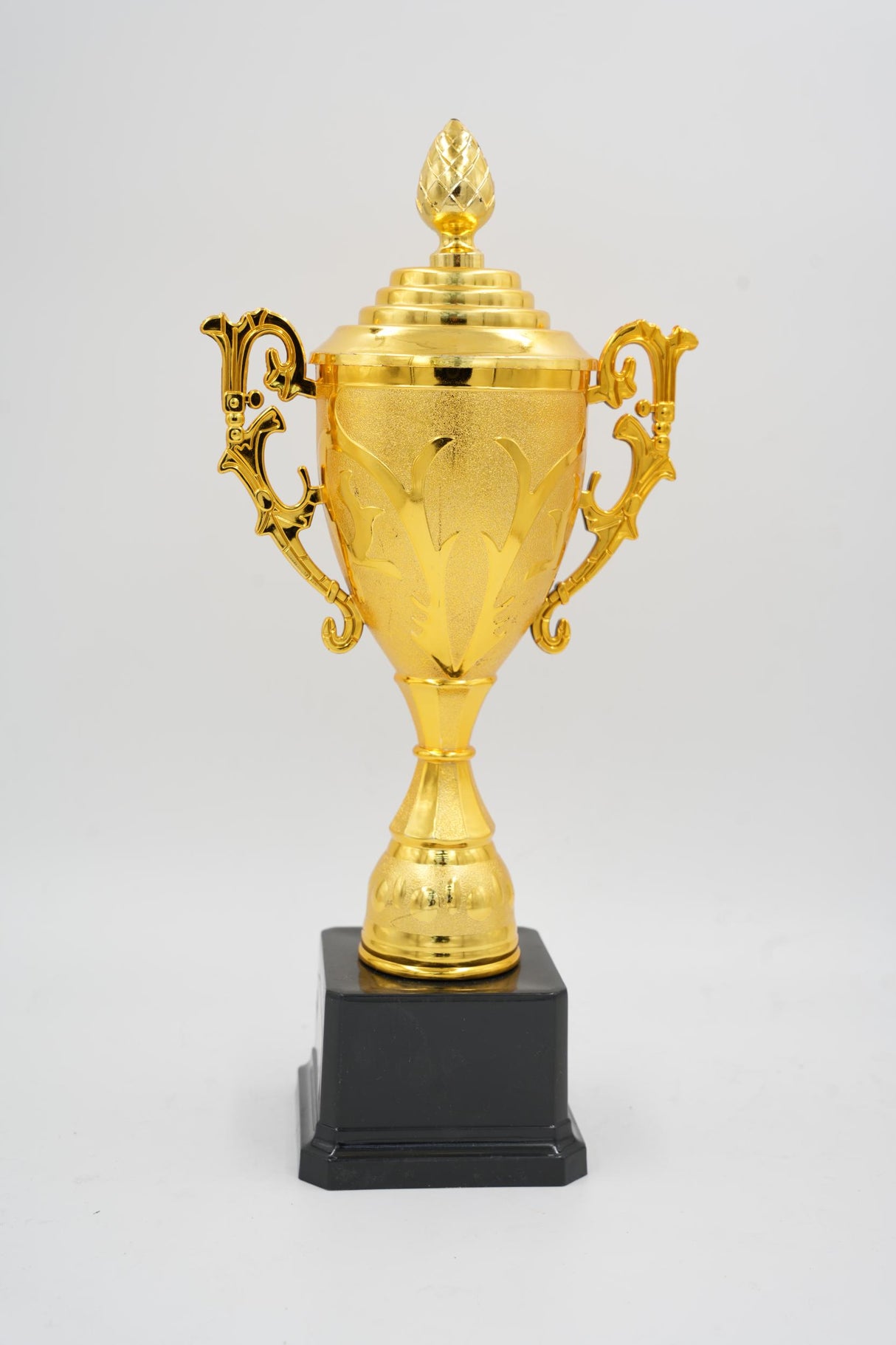 Premium winner award in polished gold on a black pedestal, 24 cm wide