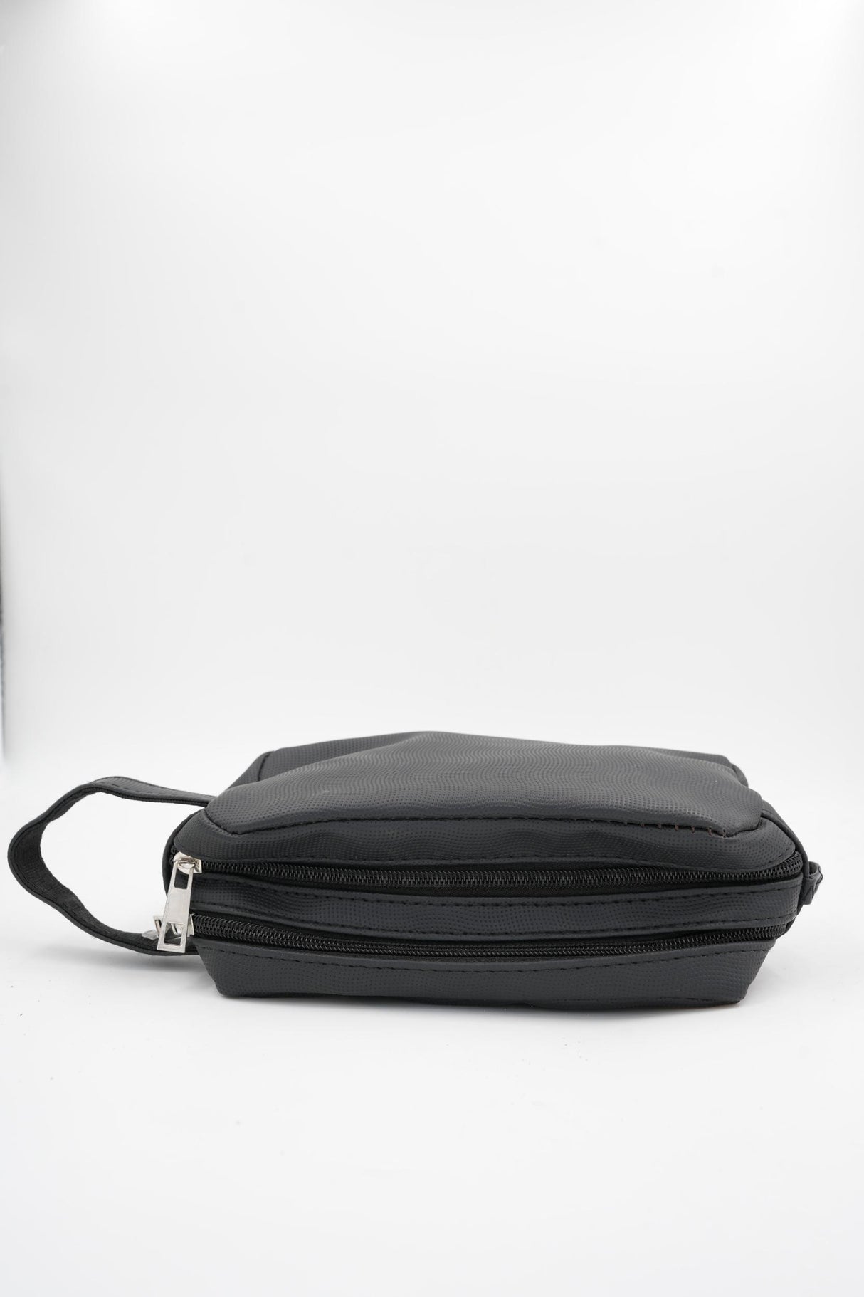 Durable black travel organizer pouch with white text logo