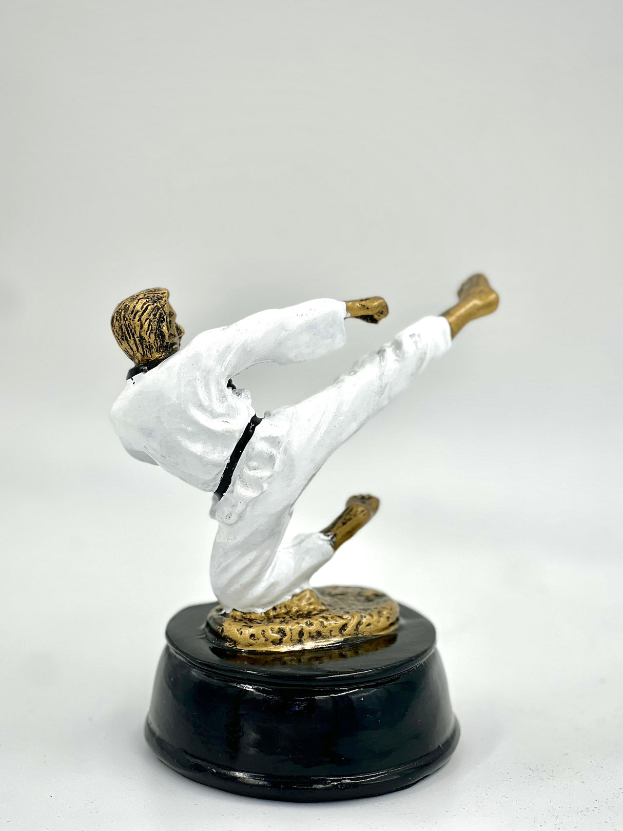 Detailed pewter-finish figure of a Karate/Taekwondo master on a black base.