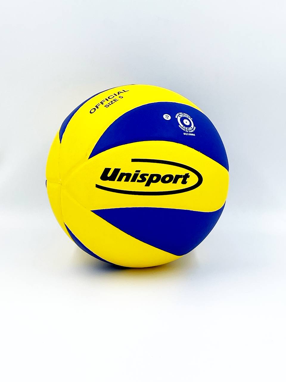 Yellow and blue volleyball with Unisport branding on a white background