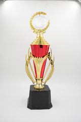Elegant standard trophy with crescent moon top and wide black pedestal