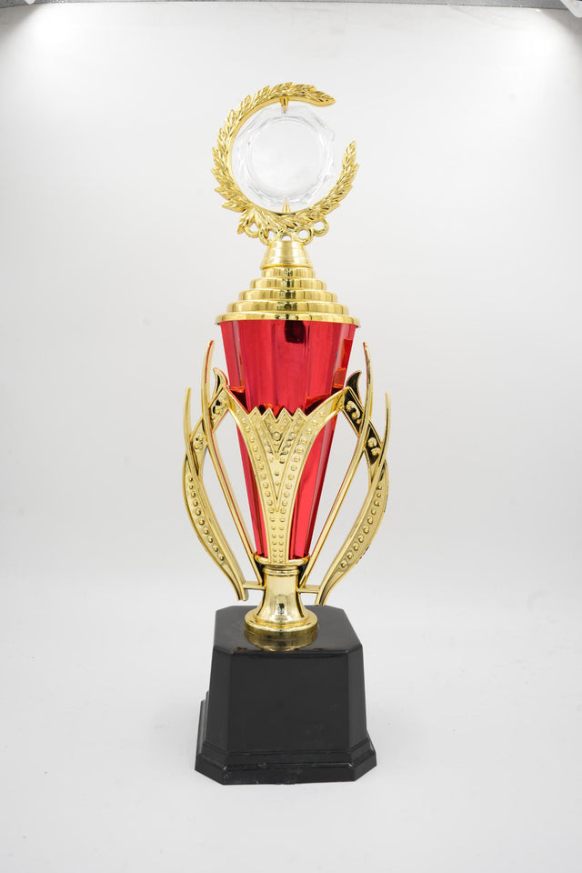 Elegant standard trophy with crescent moon top and wide black pedestal