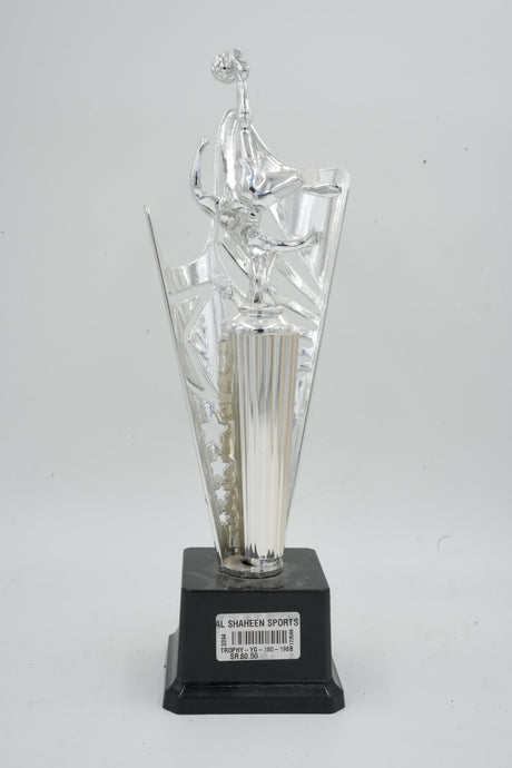 Tall silver sports award with fluted base and black pedestal, 13 cm wide