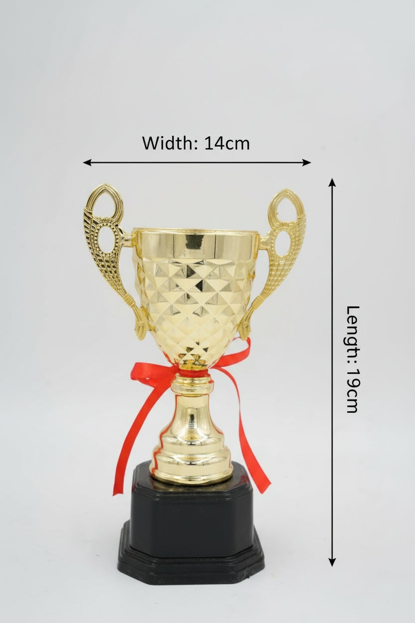 Small gold cup trophy with red ribbon bow and textured finish on black base
