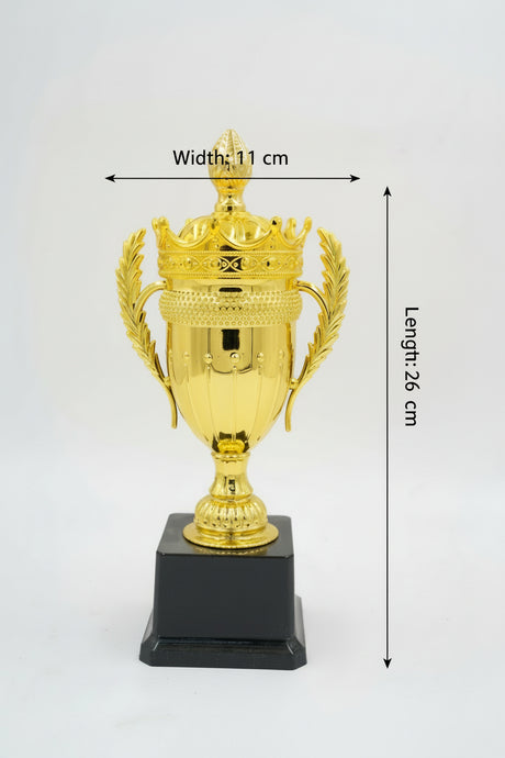 Classic gold trophy cup with crown top and handles, small size 26cm tall