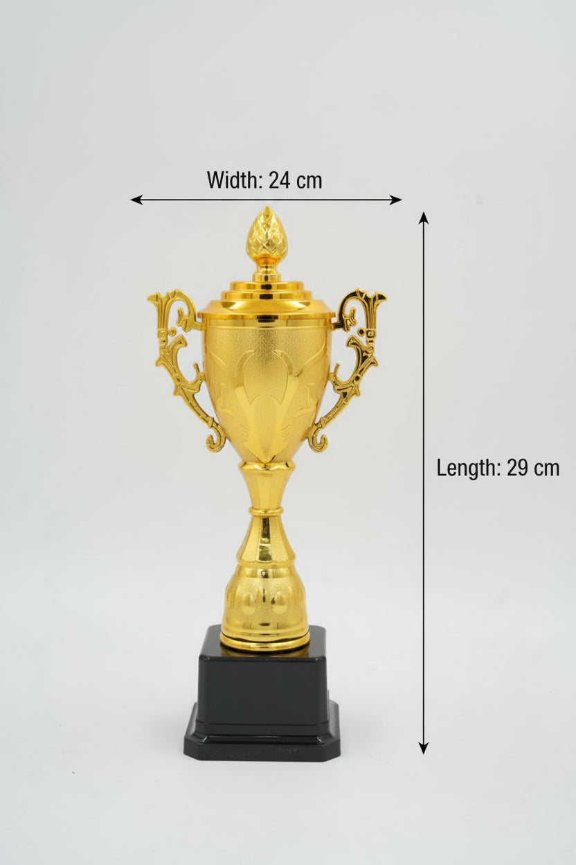 Tall, classic gold cup trophy with lid and handles, 29 cm height