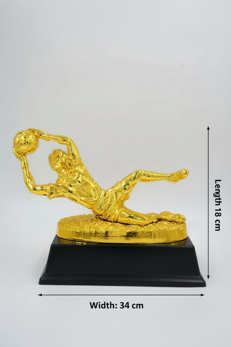 Football Goalkeeper save trophy award, gold figure on black base, 34cm width