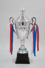 Silver championship trophy cup with lid and red and blue ribbons