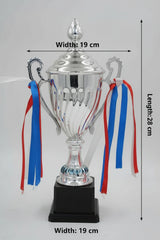 Winner award cup in silver with handles and black base

Sports tournam