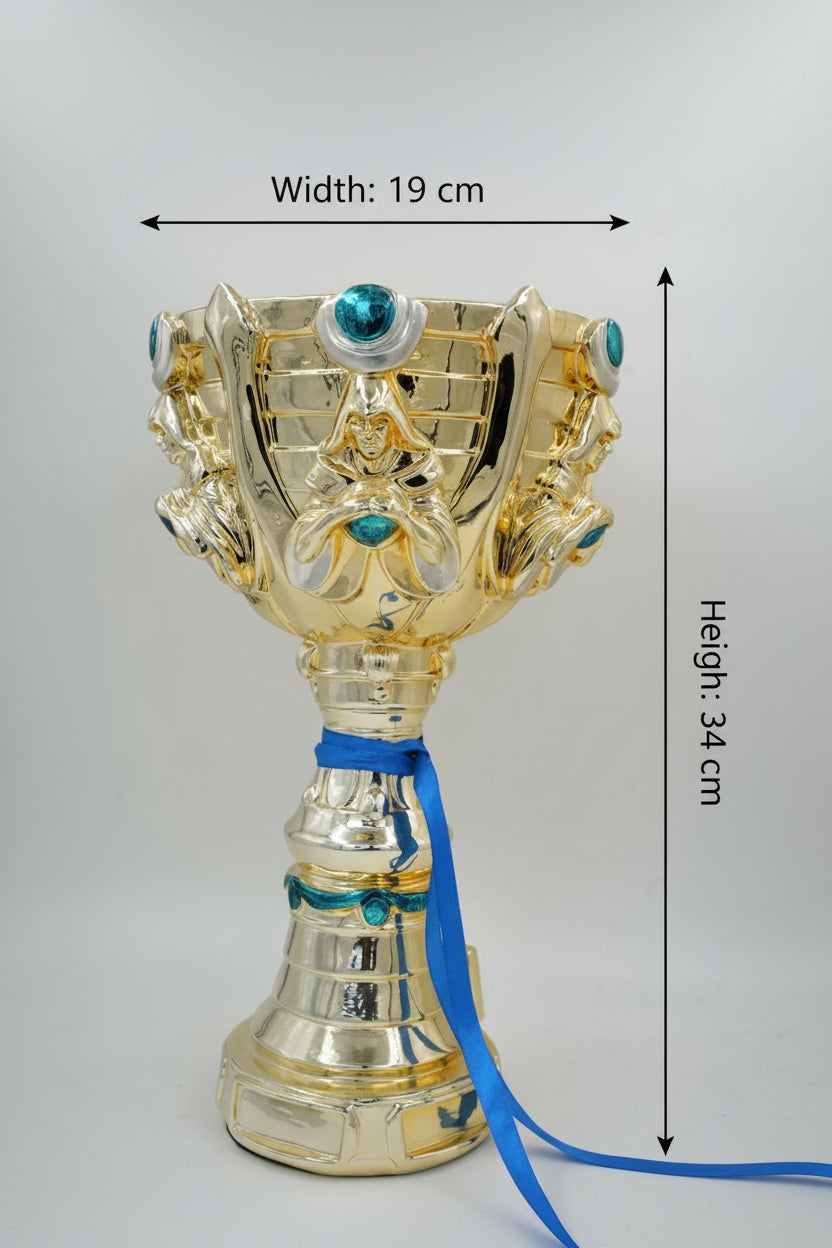 League of Legends Summoner's Cup replica trophy gold with blue gems and ribbon