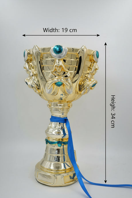League of Legends Summoner's Cup replica trophy gold with blue gems and ribbon