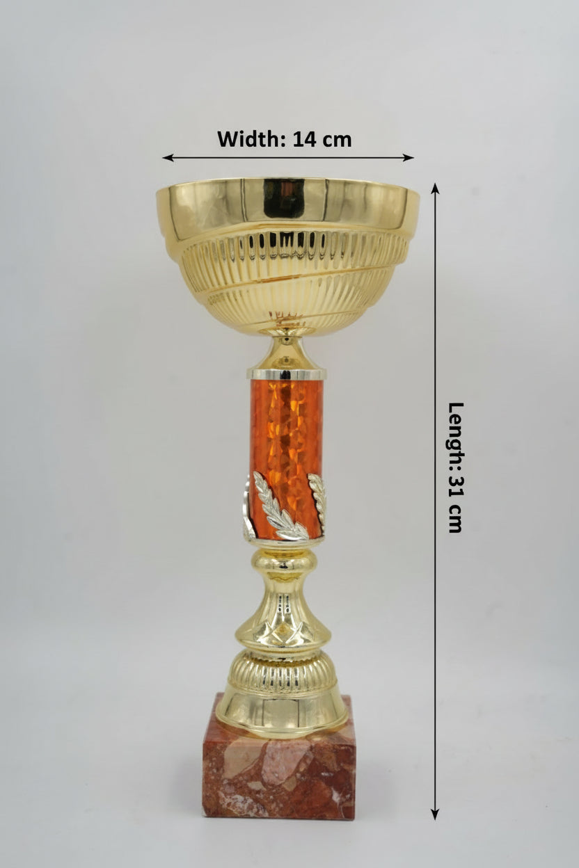 Classic gold trophy cup with orange marble column and dark red marble base