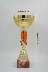 Classic gold trophy cup with orange marble column and dark red marble base
