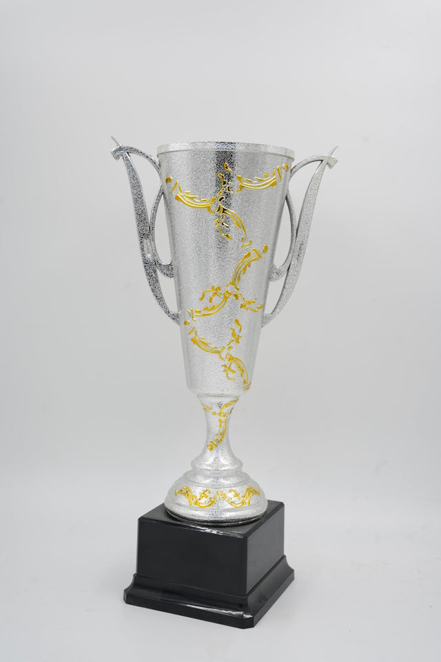 Unique silver cup award with detailed gold trim for competitions