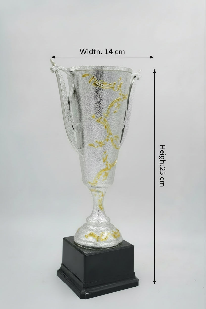 Modern silver sports trophy with gold vine accents and black base