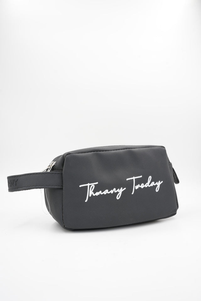 Black Tommy Today branded toiletry bag with wrist strap and zipper closure