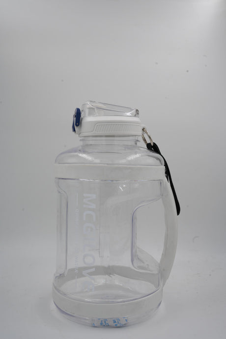 Large clear gym water jug with white handle and blue lock