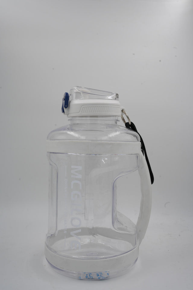 Large clear gym water jug with white handle and blue lock