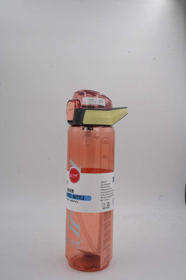 Pink clear sports water bottle with locking flip lid and carry strap