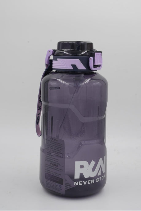 Large purple gym water jug with Run Never Stop logo
