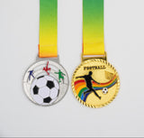 Soccer award medals set featuring player kicking ball and goal net