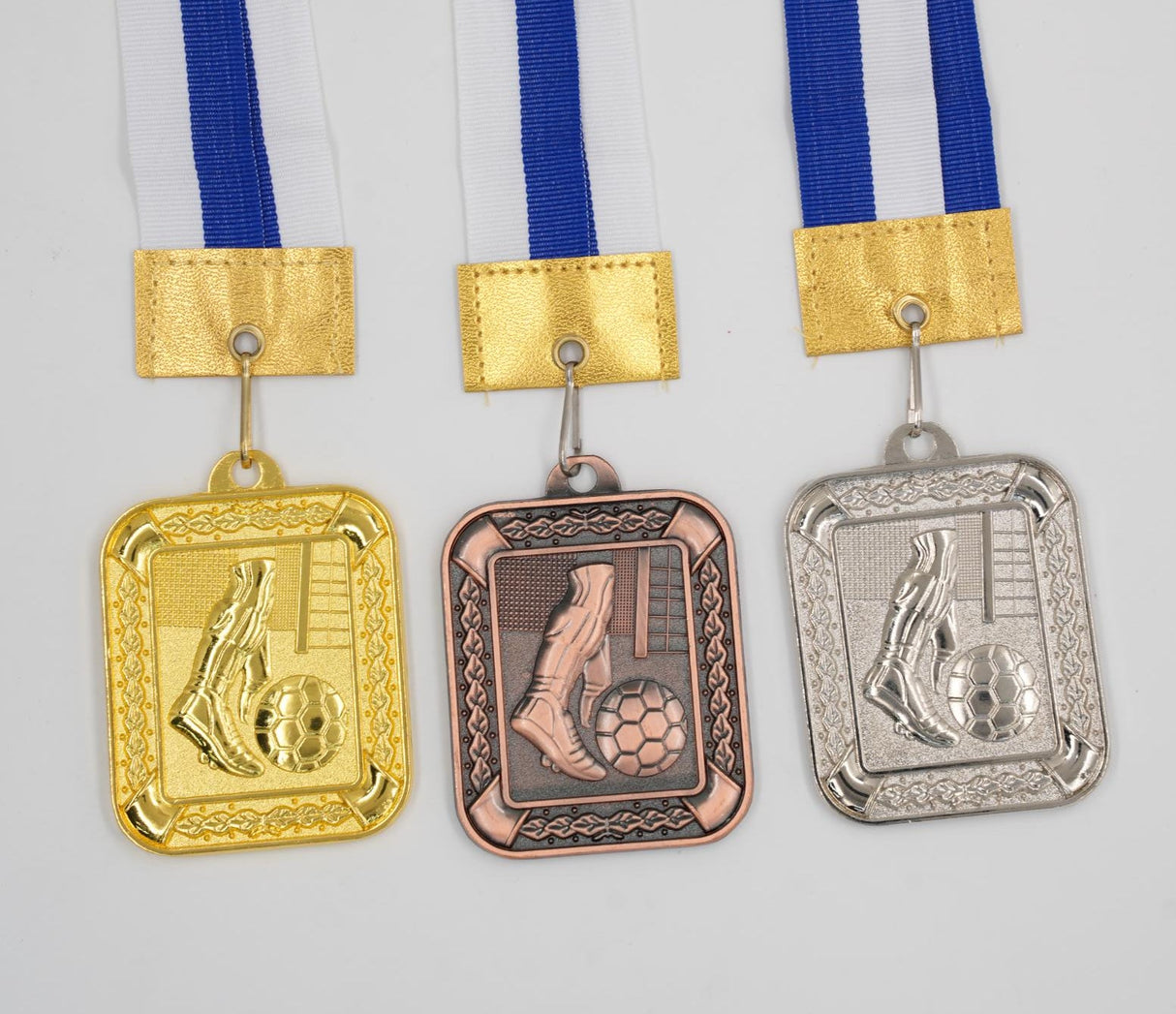Rectangular football medals set gold silver bronze with blue white ribbon