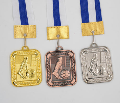 Rectangular football medals set gold silver bronze with blue white ribbon