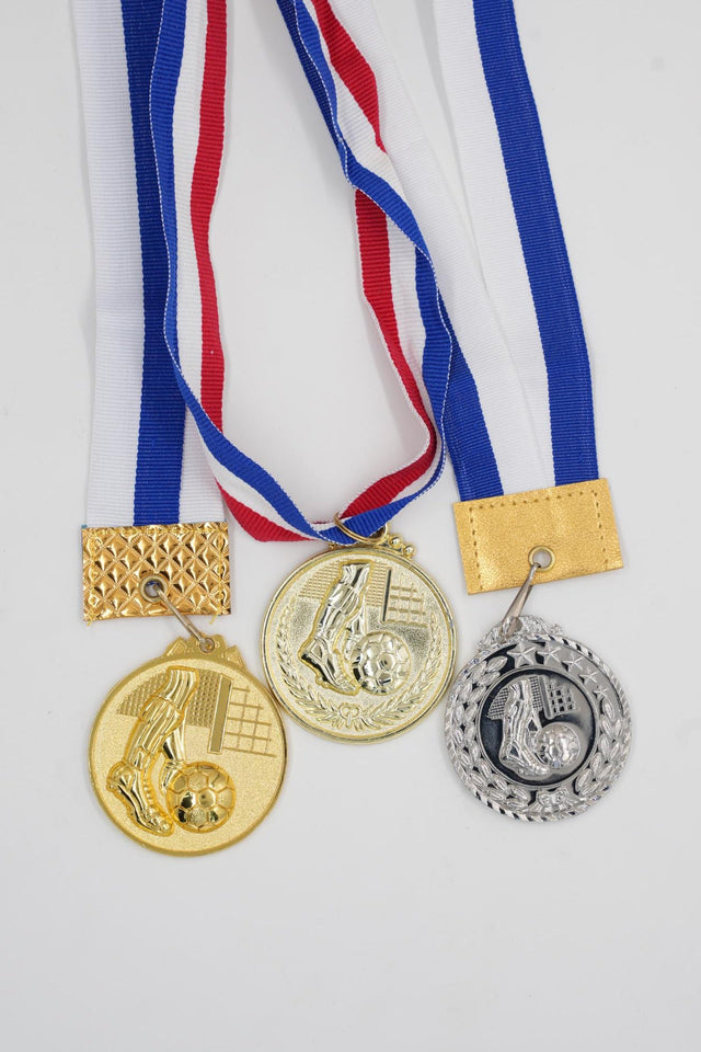 Set of 3 football medals gold silver bronze with striped ribbon