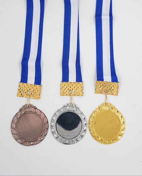 Blank gold silver bronze medals set with blue white ribbon