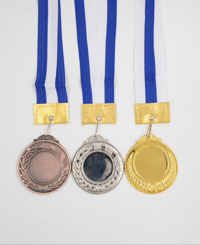 Blank gold silver bronze medals set with blue white ribbon