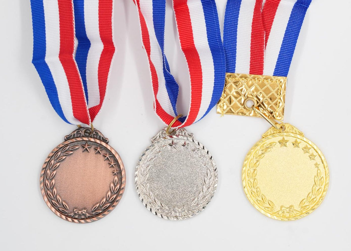 Customizable Blank Medal Set (Gold, Silver, Bronze) with Red, White & Blue Ribbon