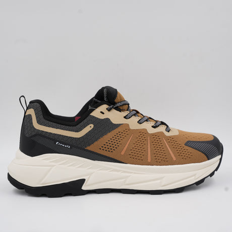Close-up profile view of an Ecowalk men's lightweight walking shoe featuring a brown breathable mesh upper, black accents, and a thick white shock-absorbing sole.