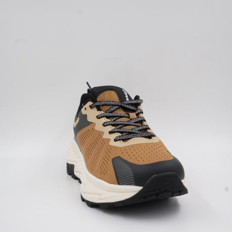Close-up profile view of an Ecowalk men's lightweight walking shoe featuring a brown breathable mesh upper, black accents, and a thick white shock-absorbing sole