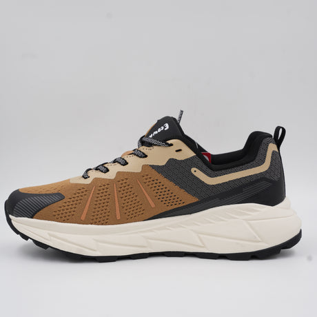 Close-up profile view of an Ecowalk men's lightweight walking shoe featuring a brown breathable mesh upper, black accents, and a thick white shock-absorbing sole