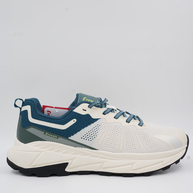 Side profile of the Ecowalk men's walking sneaker in white and teal, featuring a highly breathable mesh upper and a thick cushioned off-white sole