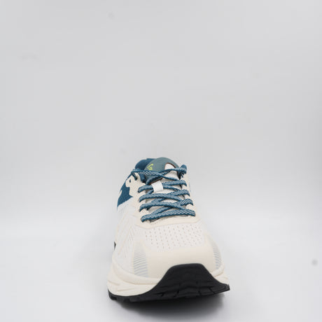Close-up front angle of the white and teal Ecowalk athletic shoe showing the sturdy lace-up system and textured toe area.
