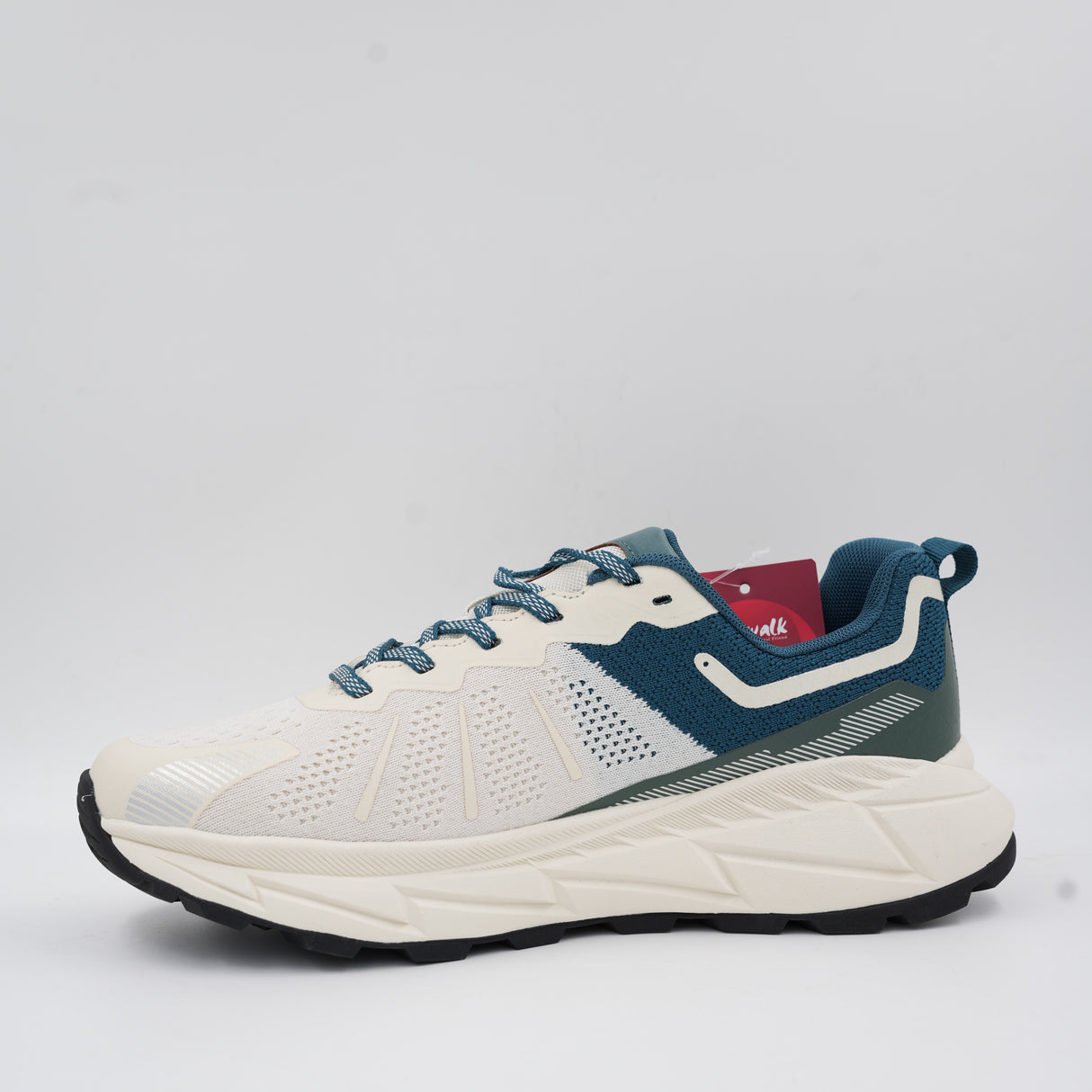 Close-up front angle of the white and teal Ecowalk athletic shoe showing the sturdy lace-up system and textured toe area.