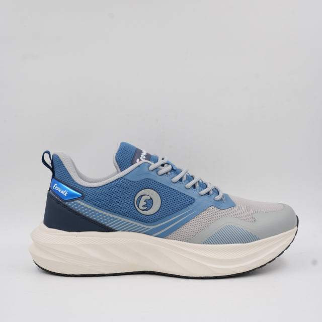 Side view of the Ecowalk men's walking sneaker in blue and light grey, featuring a thick cushioned off-white sole and the round Ecowalk logo.