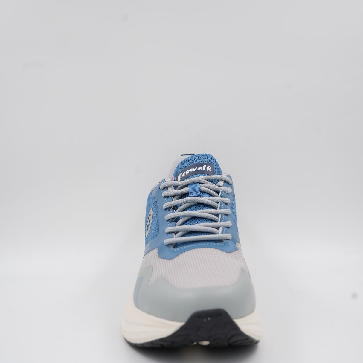 Front view of the blue and grey Ecowalk athletic shoe, showing the highly breathable mesh toe area and sturdy lace-up design.