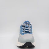 Front view of the blue and grey Ecowalk athletic shoe, showing the highly breathable mesh toe area and sturdy lace-up design.