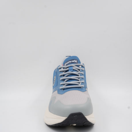 Front view of the blue and grey Ecowalk athletic shoe, showing the highly breathable mesh toe area and sturdy lace-up design.
