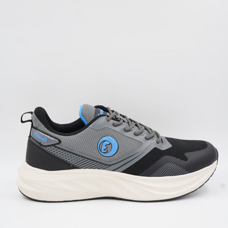 Side view of the Ecowalk men's walking sneaker in grey and black with blue accents, featuring a thick cushioned off-white sole.