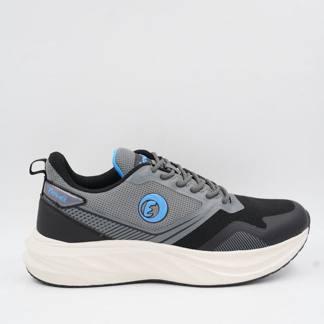 Side view of the Ecowalk men's walking sneaker in grey and black with blue accents, featuring a thick cushioned off-white sole.
