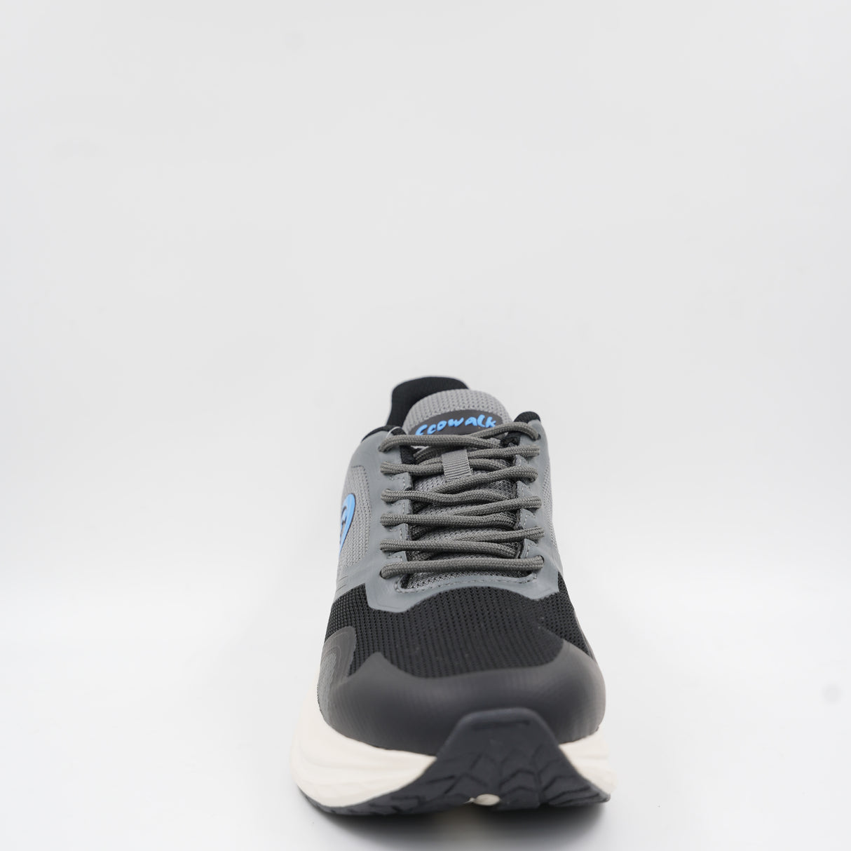 Front view of the black and grey Ecowalk athletic shoe, showing the breathable mesh upper and sturdy black toe protection.