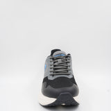 Front view of the black and grey Ecowalk athletic shoe, showing the breathable mesh upper and sturdy black toe protection.