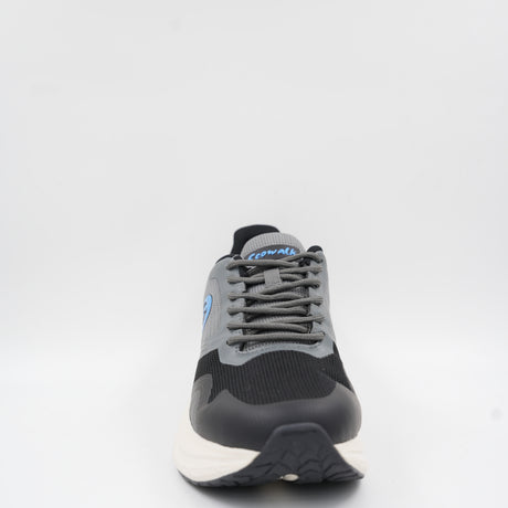 Front view of the black and grey Ecowalk athletic shoe, showing the breathable mesh upper and sturdy black toe protection.