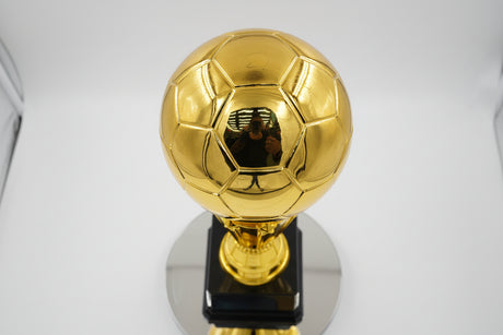 Close-up of the shiny gold traditional soccer ball design at the top of the first place sports award.
