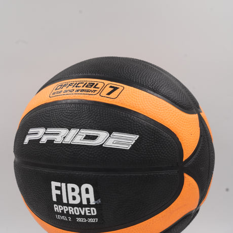 The black Pride basketball showing its thick orange channels and textured surface designed for maximum grip and court control.