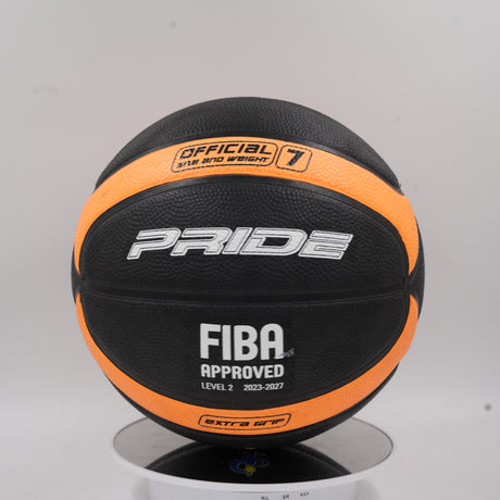 Front view of the Pride size 7 basketball in black and bright orange, featuring the white FIBA Approved logo and Extra Grip text.